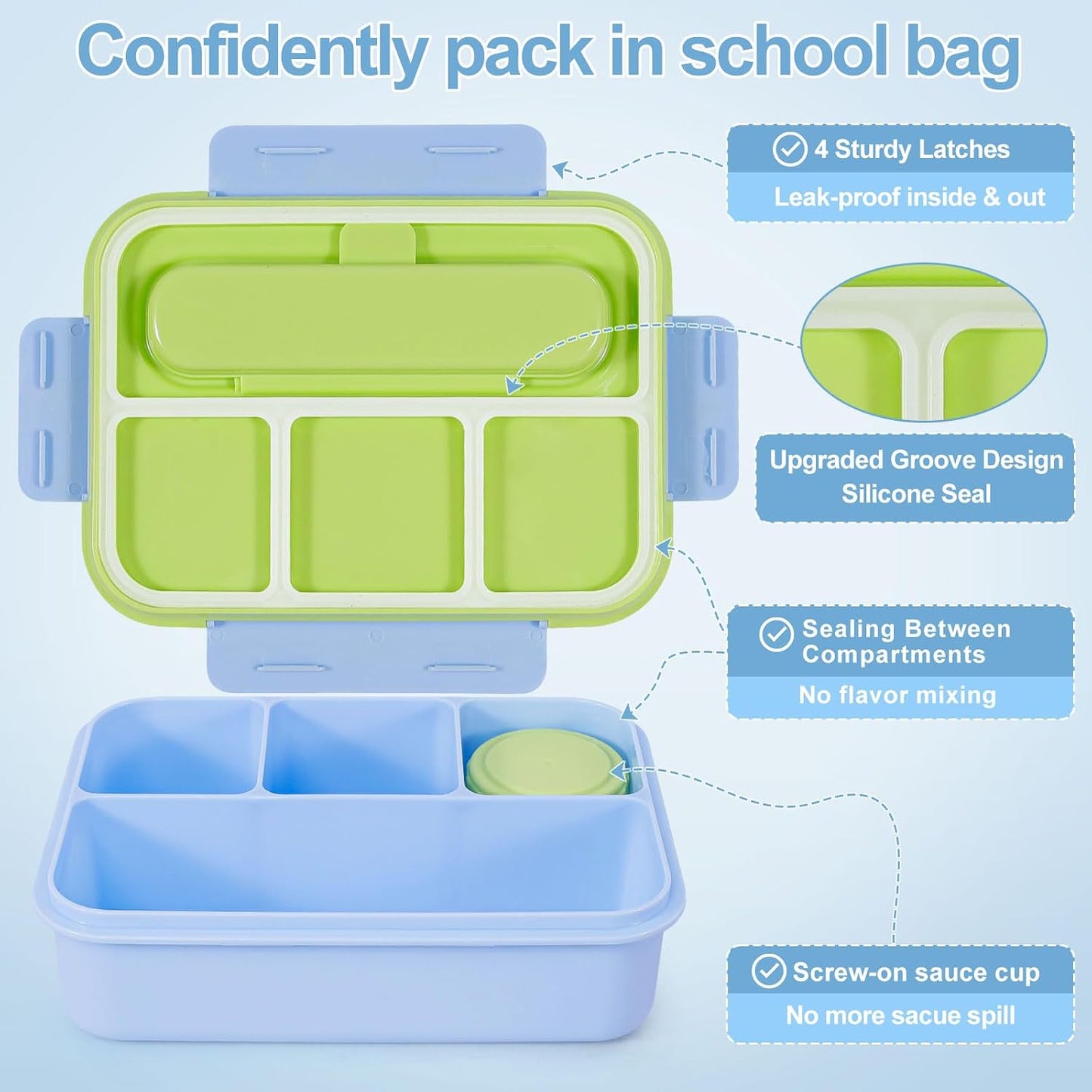 Caperci Bento Box for Kids - 50oz Larger Lunch Box Containers for Kids, Reinforced Leakproof, Built-in Sauce Cup, Utensils, 4 Compartments, BPA-Free Microwave & Dishwasher Safe (Lavender Pop)