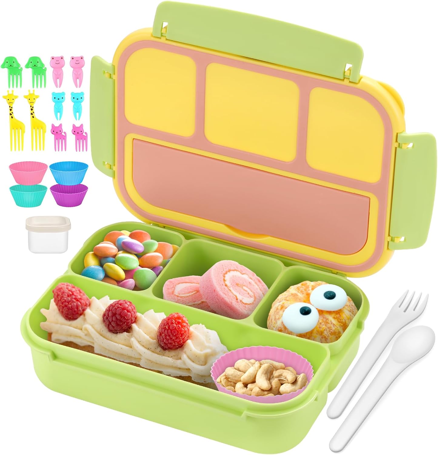 QQKO Bento Lunch Box for Kids Girls Boys, Toddler Kids Lunch Boxes for School, Lunch Containers for Adults with 4 Compartments, Sauce Container, Utensils, Food Picks and Muffin Cups, Purple