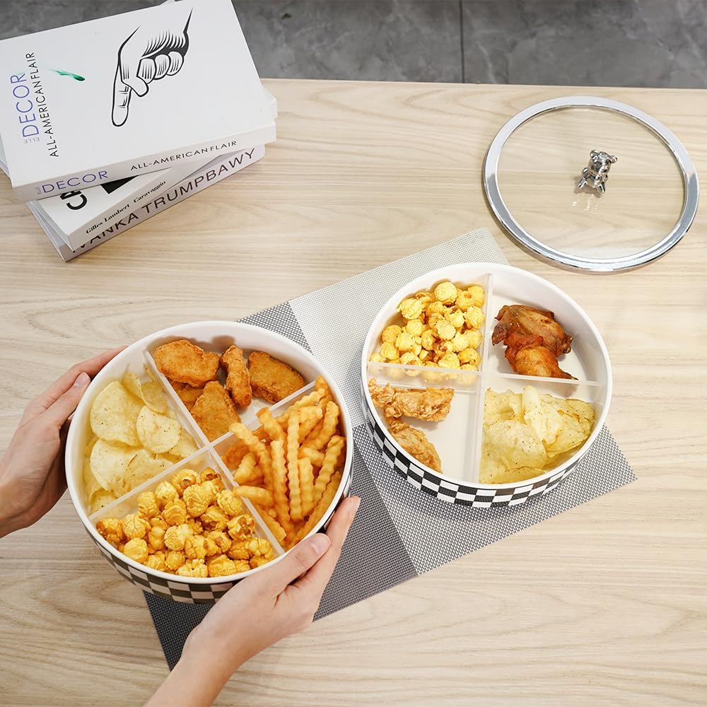 Homary Modern 8.9″ 2-Tier Divided Snack Tray with Lid – Checkerboard Serving Tray & Food Storage Container for Cheese, Party Snacks