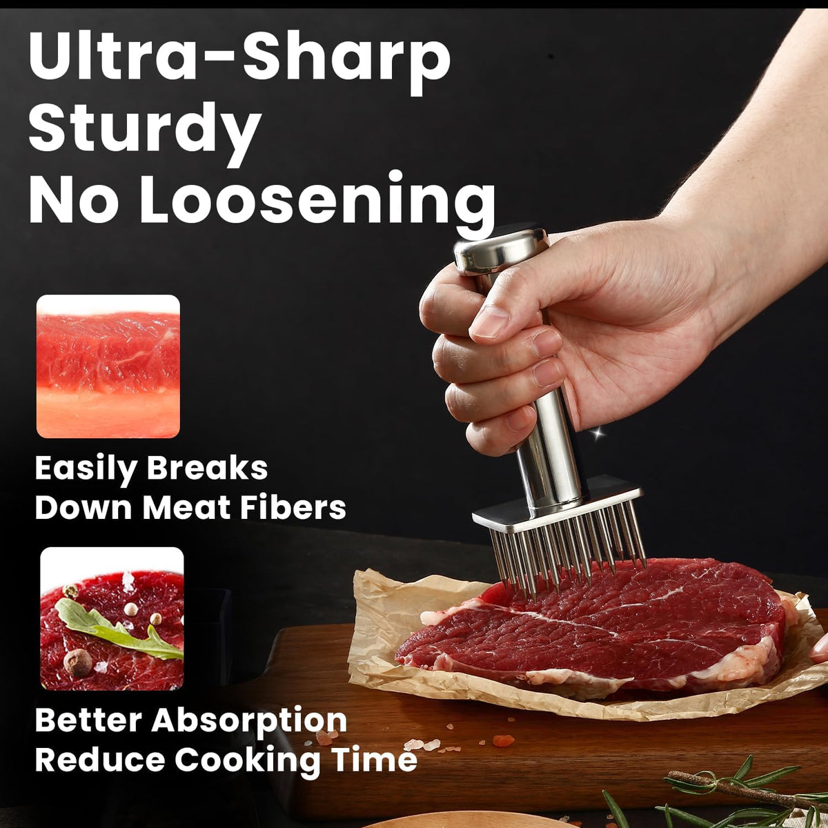 304 Stainless Steel Meat Tenderizer Tool, Sharp Long Needles for Thick Cuts