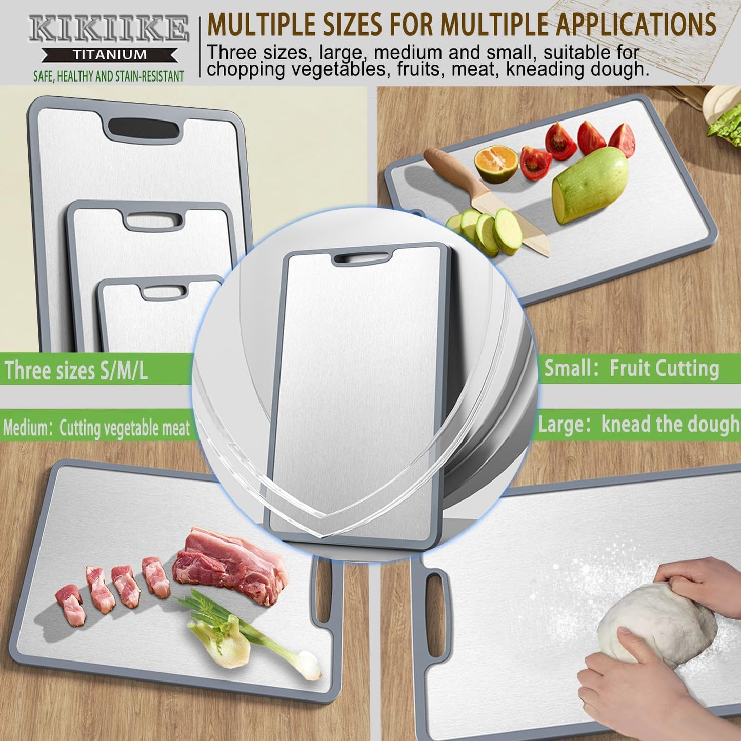 Titanium Cutting Board Set of 3, Double-sided non-slip edging Pure Titanium Chopping Board for Kitchen - Safety and slip resistance Hand Guard Durable and easy to clean (3-Piece S/M/L)