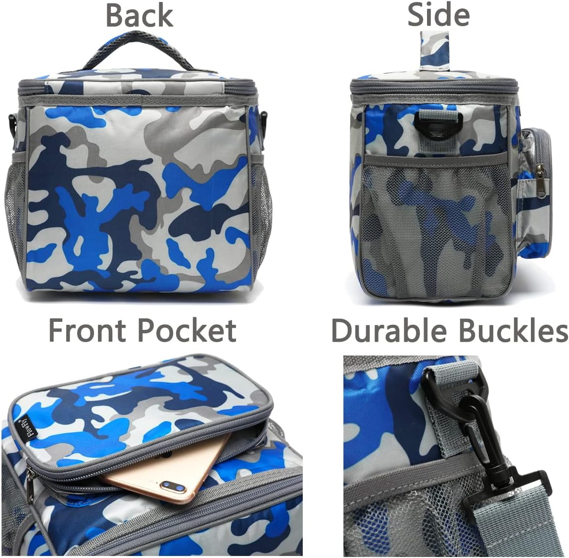 FlowFly Insulated Reusable Lunch Bag Adult Large Lunch Box for Women and Men with Adjustable Shoulder Strap,Front Zipper Pocket and Dual Large Mesh Side Pockets,Cherry - Colors B