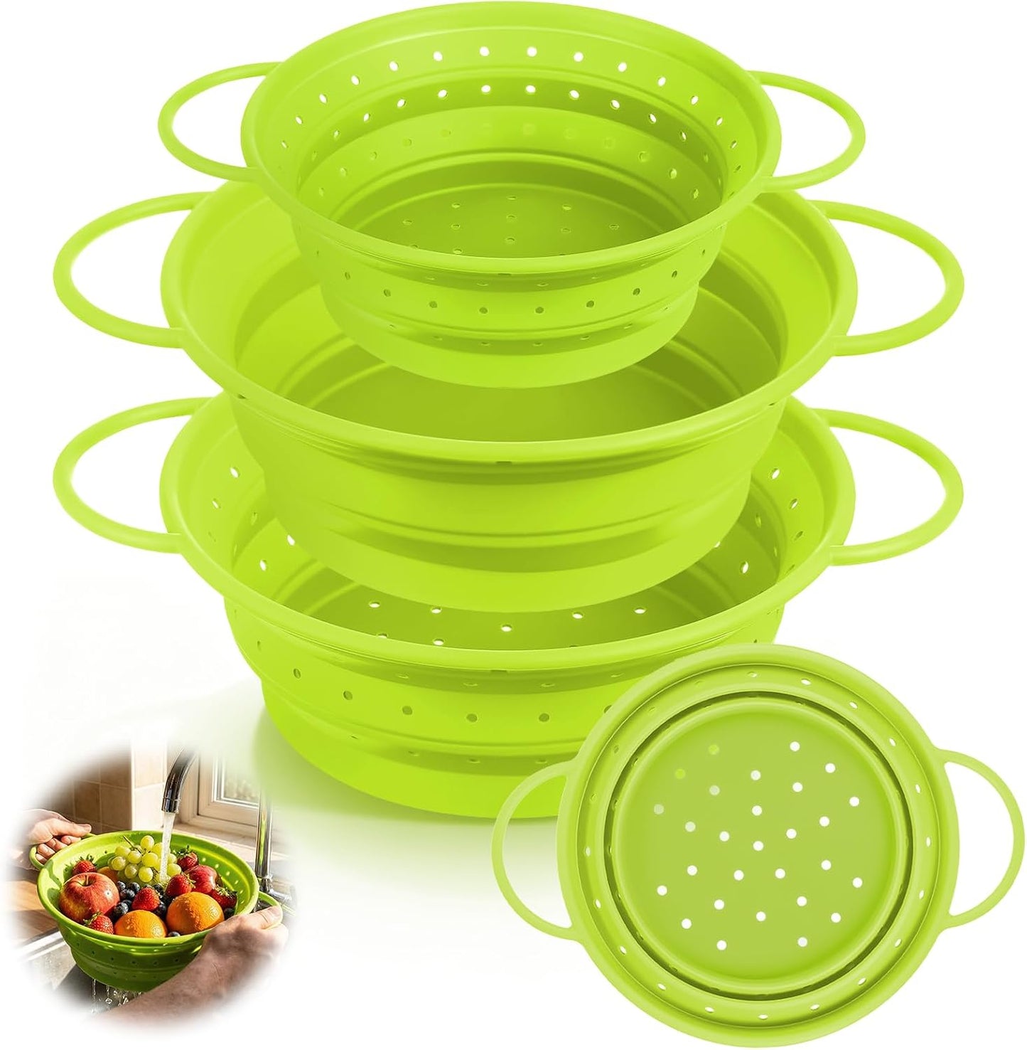 3 Pack Collapsible Colander with Strainer Bowl Set, 11 & 13 In BPA-Free Silicone Colanders for Kitchen, Heat-Resistant Strainer Dishwasher Safe Baskets for Vegetable Fruits(White)
