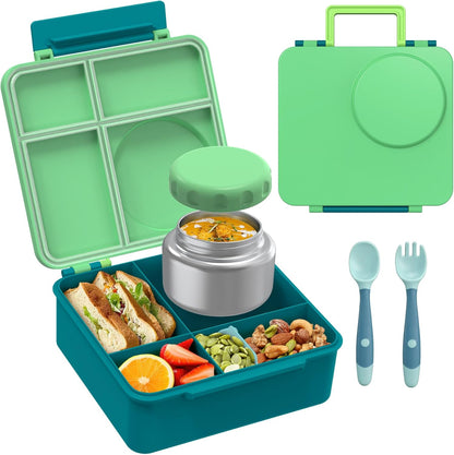 Bento Lunch Box Set for Kids with 8oz Soup Thermo, Leak-Proof Lunch Containers with 4 Compartment, Thermo Hot Insulated Food Jar and Foldable Fork Spoon, for Kids to School (pale pink)