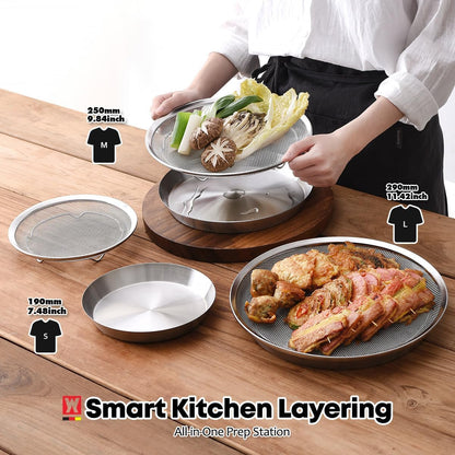 WAGENSTEIGER Stainless Steel Mesh Tray Set with Drip Pan, Air Fryer Basket and Tray, Kitchen Colander, Vegetable and Fruit Strainer, Food Filter, BBQ Prep Tool, Fruit Serving Dishes (9.84 inch)