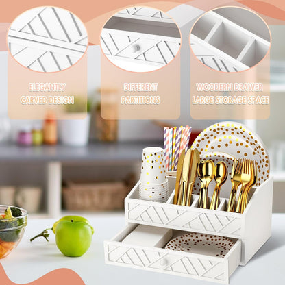 Marsui Paper Plate Dispenser, Wood Rustic Paper Plate Holder for Countertop with Drawer Silverware Utensil Caddy, Cutlery Flatware Organizer for Spoon Fork Napkins Kitchen Parties(Black)