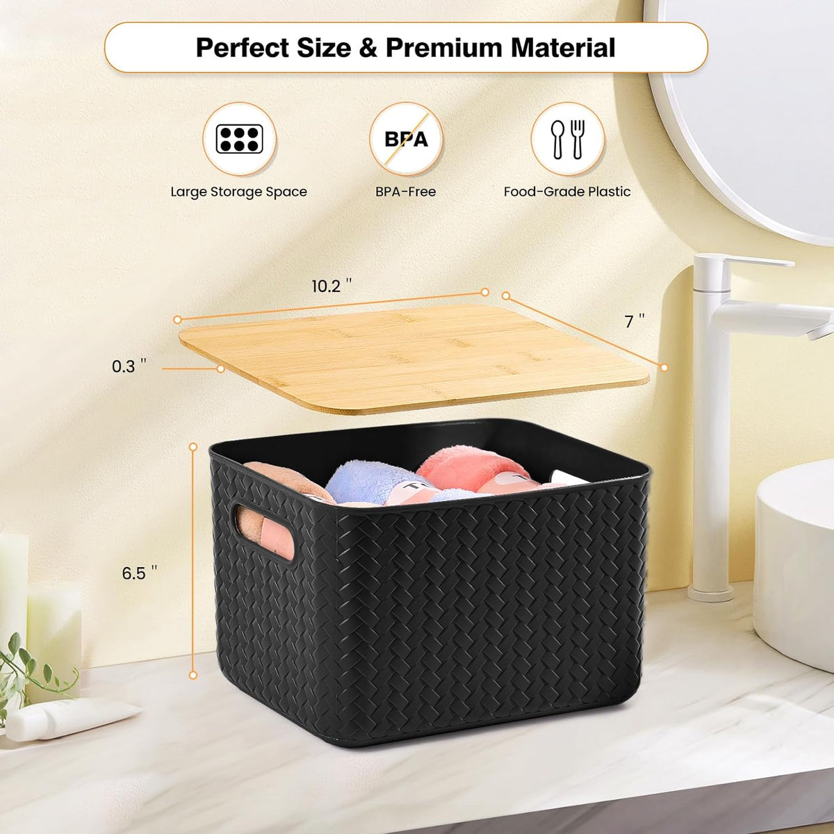 Ohmlove 4 Packs Storage Bins with Bamboo Lids - Plastic Storage Containers with Lids Stackable Storage Box：Storages Baskets for Organizing Desktop Closet Playroom Classroom Office,White