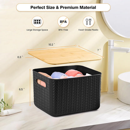 Ohmlove 4 Packs Storage Bins with Bamboo Lids - Plastic Storage Containers with Lids Stackable Storage Box：Storages Baskets for Organizing Desktop Closet Playroom Classroom Office,White