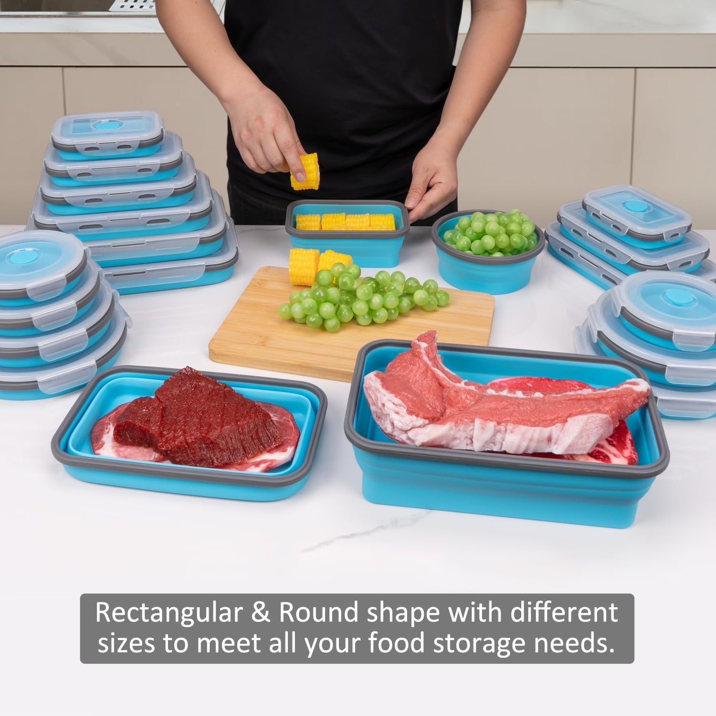 Collapsible Food Storage Containers with Lids, 4 Pack, 40 oz Silicone 1-Compartment Meal Prep Containers Reusable, Lunch Bento Boxes for Adults, Microwave Freezer Dishwasher Safe, BPA-Free, Black