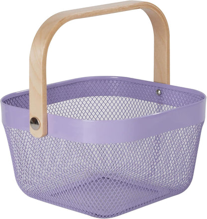 AJIODA Metal Mesh Wire Basket, Large Steel Basket with Wooden Handle Storage Organizer Basket Multi-functional Hanging Kitchen Baskets Fruit Baskets for Kitchen Bathroom Cabinet Pantry Snacks, Black