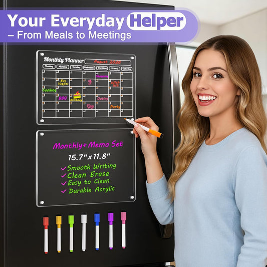 VNDUEEY Acrylic Fridge Calendar, 4 Pack Magnetic Calendars for Refrigerator, Magnetic Dry Erase Board Calendar for Fridge, 2026 Clear Monthly Weekly Daily Memo Planner Boards with 8 Color Markers