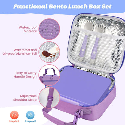 Kids Bento Lunch Box with Thermos, Leakproof Toddler Bento Box with 9 OZ Insulated Food Jar, Lunch Bag & Utensils 3 or 4 Compartment Container for School Girls Boys