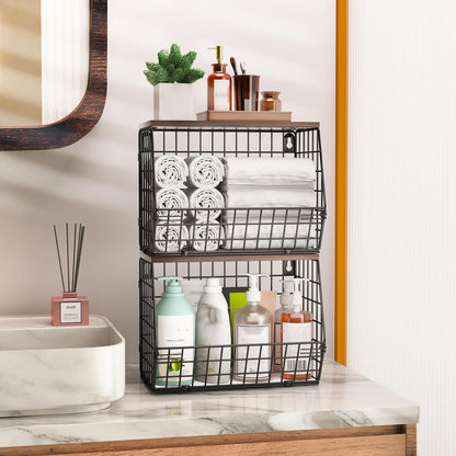 White Fruit Bowl Wire Basket Storage Pantry Fruit and Vegetable Storage Fruit Basket for Kitchen Counter Stackable Wall Mounted Hanging Basket Wire Basket with Wood Lid with Hanger Hooks