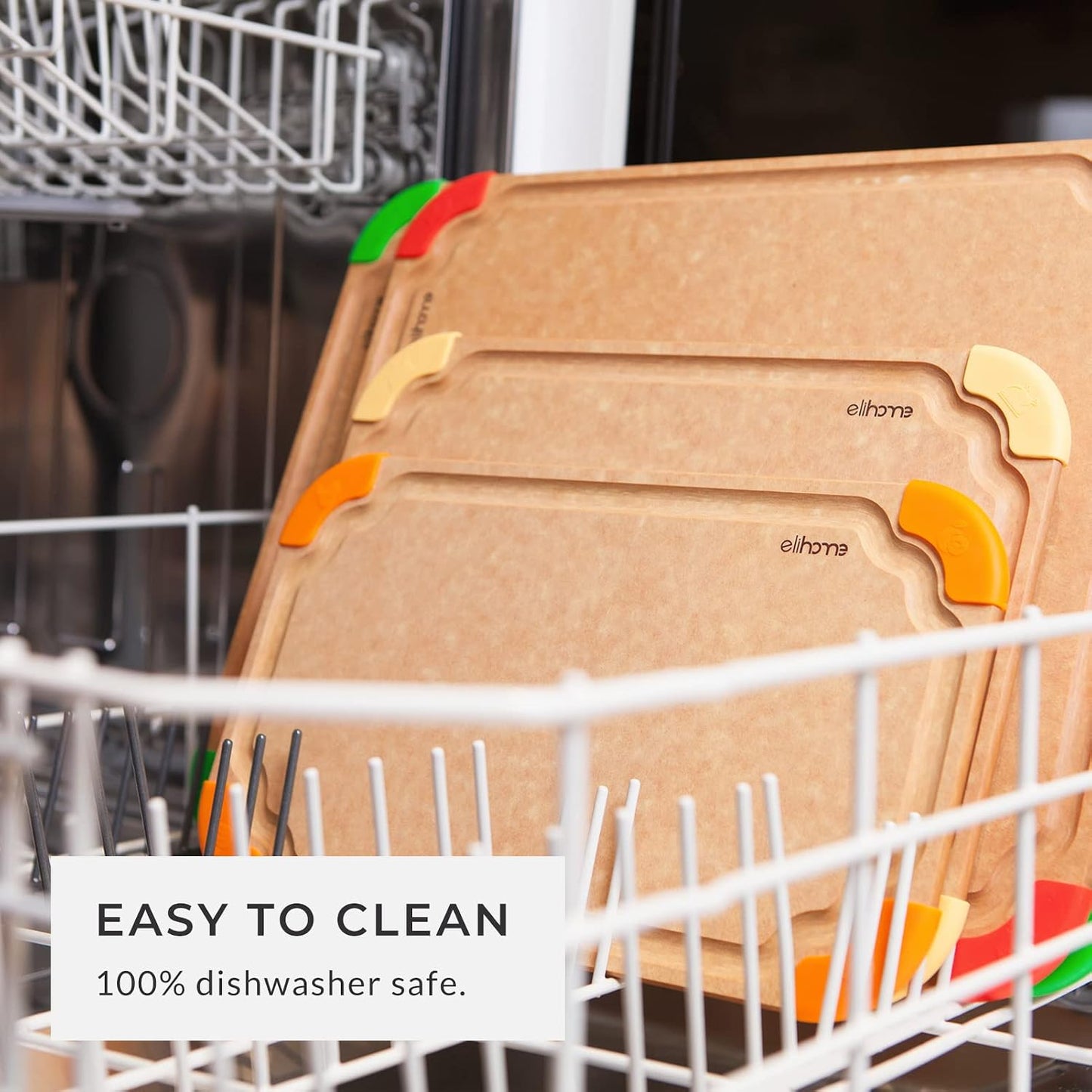 Elihome Premium Series 2-in-1 Kitchen Cutting Board Set, Non Slip Feet, Color Coded with Food Icon, Natural Wood Fiber, Dishwasher Safe, Eco-Friendly, Juice Grooves,Non Porous, BPA Free, Made in USA