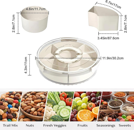Vegetable Serving Tray with Lid and Handle, 12-Inch Rotating Fruit Tray with 5 Divided Sections & Center Bowl, Round Veggie Tray Container for Family Snacks, Parties & Movie Nights