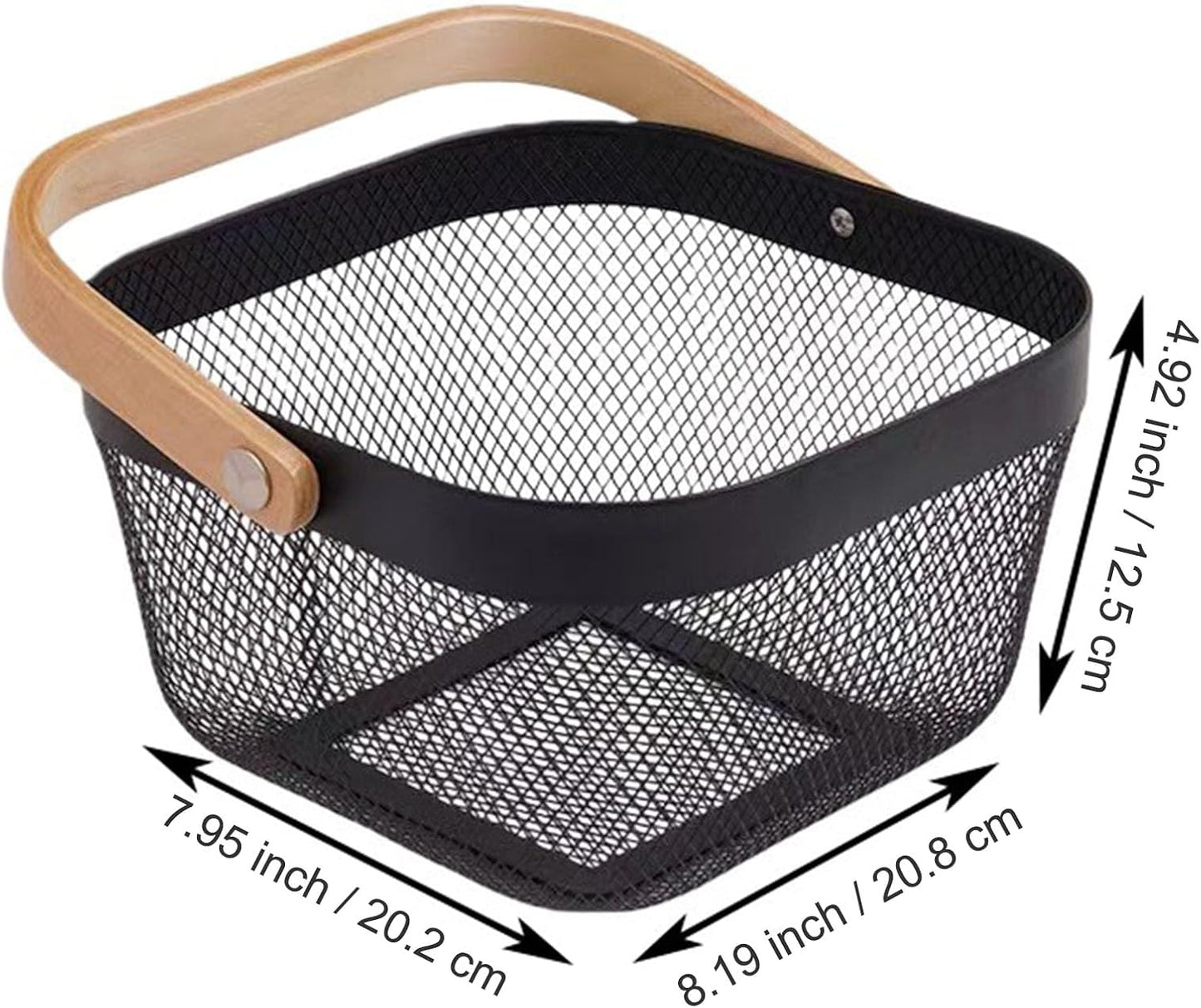 AJIODA Metal Mesh Wire Basket, Large Steel Basket with Wooden Handle Storage Organizer Basket Multi-functional Hanging Kitchen Baskets Fruit Baskets for Kitchen Bathroom Cabinet Pantry Snacks, Black