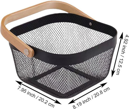 AJIODA Metal Mesh Wire Basket, Large Steel Basket with Wooden Handle Storage Organizer Basket Multi-functional Hanging Kitchen Baskets Fruit Baskets for Kitchen Bathroom Cabinet Pantry Snacks, Black
