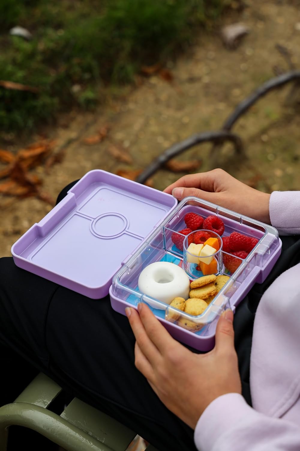 Yumbox Snack Box, 3 Compartments, Leakproof, Glitter Blue | Built-In Dip Well | Removable Compartment Tray | Easy-Open Single Latch | Lightweight & Compact | Perfect for Snacks & Sides