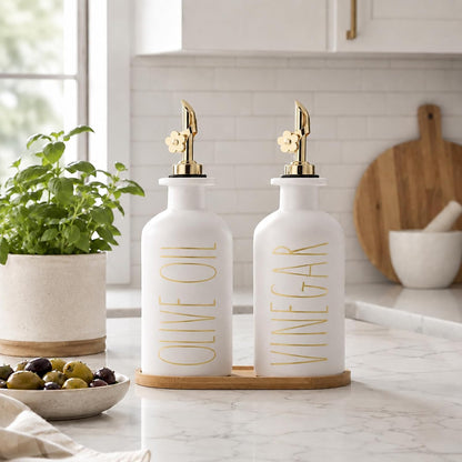 HOMCDALY Premium Olive Oil Dispenser for Kitchen, 11.8oz Glass Oil Bottles with Bamboo Tray, White Oil&Vinegar Cruet Set, Kitchen Dispenser Bottles with Pourer| Set of 2 (11.8oz –P–White)