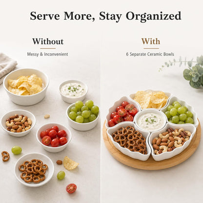 Porcelain Divided Serving Dishes, Relish Tray, 12'' Serving Tray and Platter with 6 Removable Compartment, for Party, Kitchen Decor, for Chips and Dip, Fruits, and Condiment
