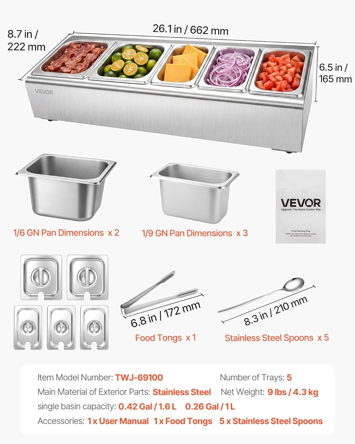 VEVOR Chilled Condiment Server Caddy, 5 Compartment Ice Cooled Serving Container, Plastic Fruit Garnish Tray Platter with Lid, for Taco Salad Bar Accessories, Party Home Restaurant Supplies