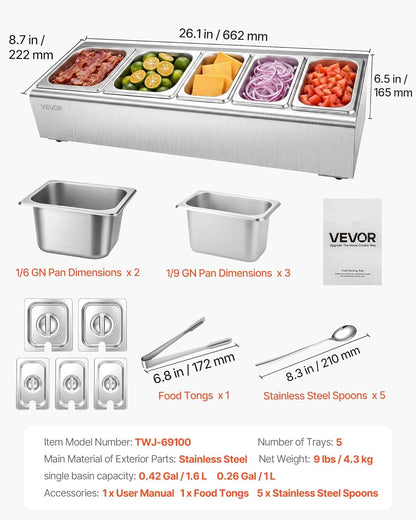 VEVOR Chilled Condiment Server Caddy, 5 Compartment Ice Cooled Serving Container, Plastic Fruit Garnish Tray Platter with Lid, for Taco Salad Bar Accessories, Party Home Restaurant Supplies