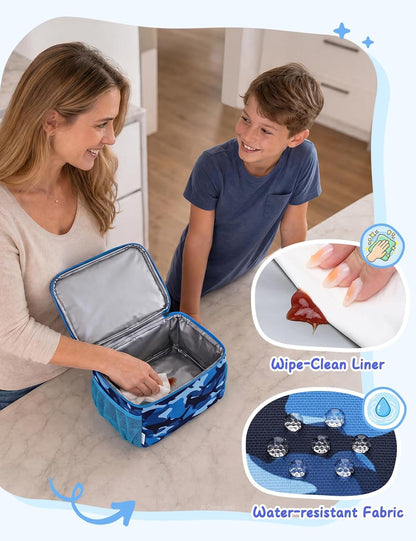 VASCHY Lunch Box Bag for Kids, Insulated Double Compartments Cooler Lunch Tote for Toddlers Boys Girls School/Daycare/Picnic Black Dinos