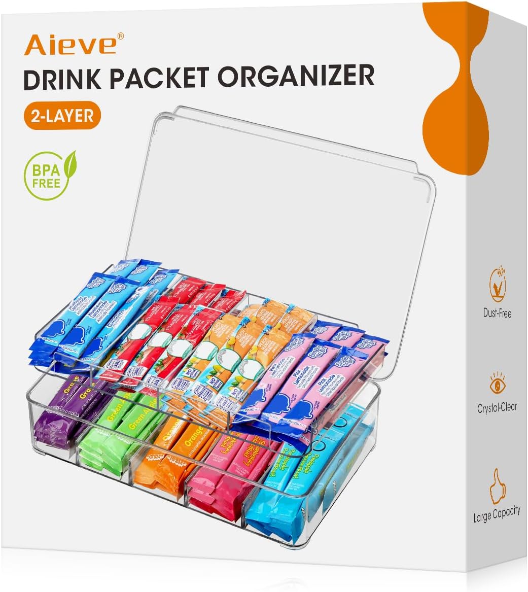 AIEVE Drink Packet Organizer, 2-Tier Tea Bag Organizer with Lid, Stackable Clear Pantry Storage Bins with Adjustable Dividers, Acrylic Water Packet Holder for Cabinet Kitchen Storage Organization