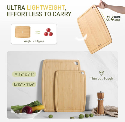 Lightweight Durable Bamboo Cutting Board Set with Non-Slip Feet, Wood Cutting Board for Busy Kitchen, Easy Clean Wooden Chopping Boards with Juice Groove Best House Warming Gift Set of 3 (S+M+L)