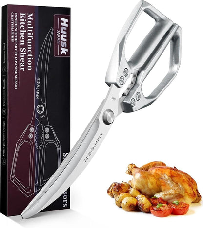 HUUSK Kitchen Scissors All Purpose - Stainless Steel Kitchen Shear, Sharp Silver Meat Scissors Dishwasher Safe, Heavy Duty Poultry Shears, Japanese Cooking Scissor for Food, Christmas Gifts for Women