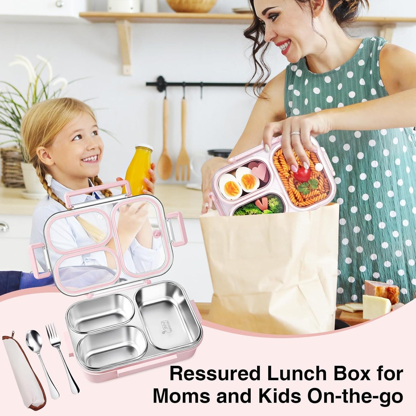 25oz 18/8 Stainless Steel Lunch Box Kit (Bento Box + Fork/Spoon) - 3 Leakproof Compartments - Metal Snack Box for Kids & Adults - School/Office/Travel - Dishwasher Safe (Beige)