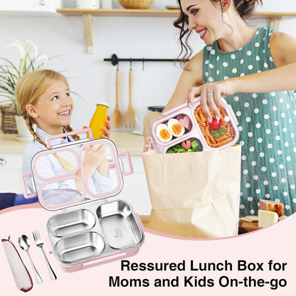 25oz 18/8 Stainless Steel Lunch Box Kit (Bento Box + Fork/Spoon) - 3 Leakproof Compartments - Metal Snack Box for Kids & Adults - School/Office/Travel - Dishwasher Safe (Beige)