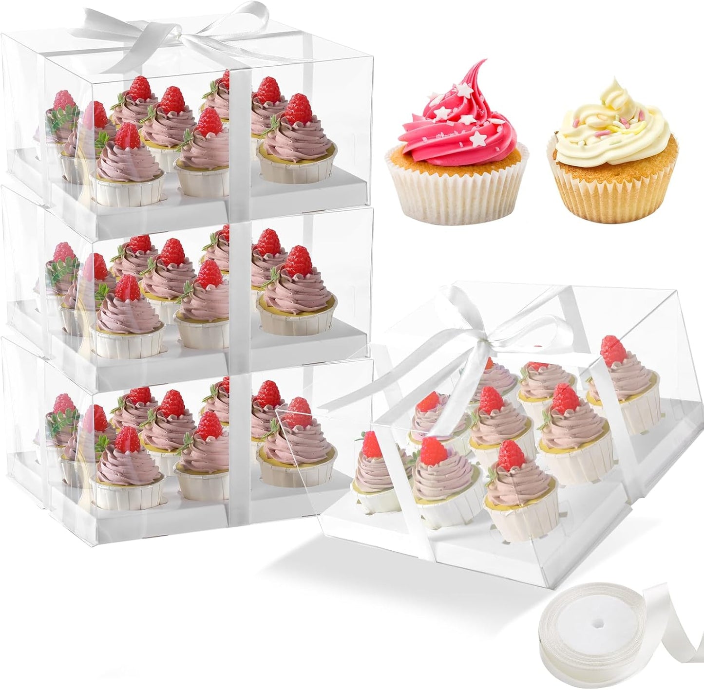 JCD 4 Pack Clear Cupcake Boxes, Plastic Cupcake Containers with Gift Ribbon, 5.5inches height Holder 6 Count Cup Cake Boxes for Parties, Baking, Wedding, Transport (6count/4pcs)