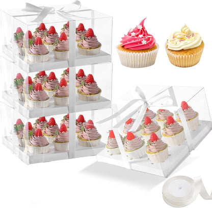 JCD 4 Pack Clear Cupcake Boxes, Plastic Cupcake Containers with Gift Ribbon, 5.5inches height Holder 6 Count Cup Cake Boxes for Parties, Baking, Wedding, Transport (6count/4pcs)