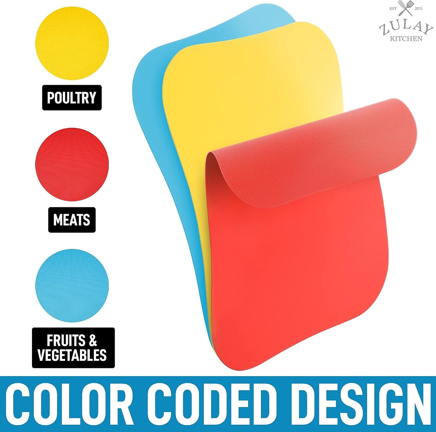 Zulay Kitchen Non-Slip Flexible Cutting Board Set - Dishwasher Friendly Cutting Mats For Cooking - Thick & Durable Flexible Cutting Mats - Non-Porous Cutting Board Mat Set of 3