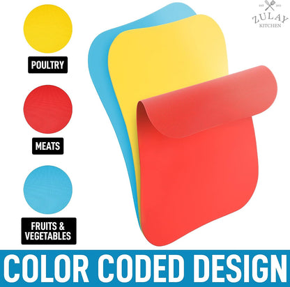 Zulay Kitchen Non-Slip Flexible Cutting Board Set - Dishwasher Friendly Cutting Mats For Cooking - Thick & Durable Flexible Cutting Mats - Non-Porous Cutting Board Mat Set of 3