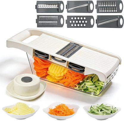 6-in-1 Mandoline Slicer for Kitchen, Multi Blade Veggie Cutter with Drainage Tray, Stainless Steel Blades, BPA-Free, Non-Slip Base & Easy Clean for Meal Prep (stainless steel)