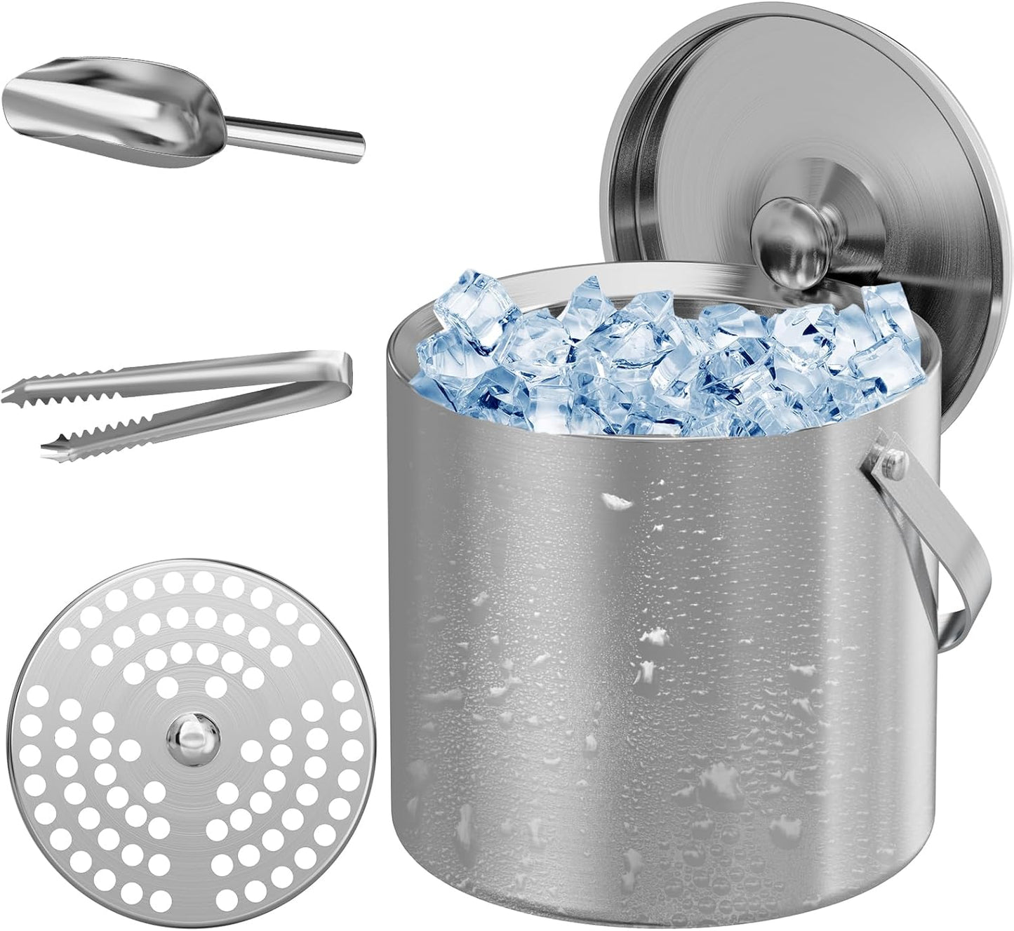 Ice Bucket, Ice Bucket with Lid Ice Tong Ice Scoop and Strainer for Cocktail Parties 3L Stainless Steel Insulated Ice Bucket Double Wall Keeps Ice Cold&Dry for Home Bar Beer Champagne