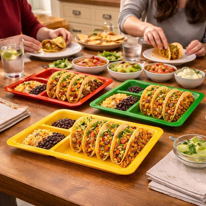 Set of 3 Taco Holder Plates – Plastic Divider Taco Trays with Stand-Up Slots, BPA-Free, Dishwasher & Microwave Safe