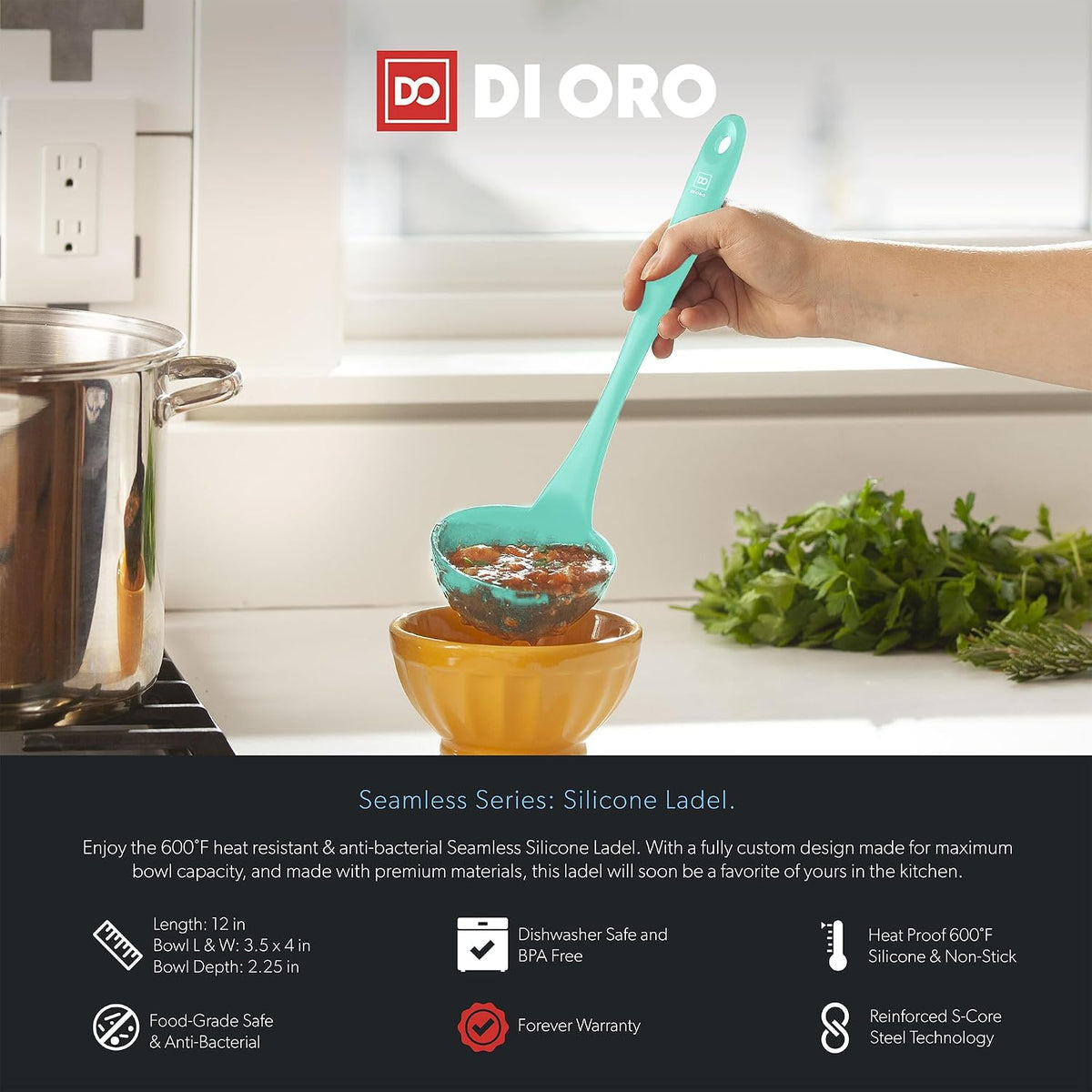 DI ORO Silicone Ladle - Soup & Serving, 600F Heat Resistant, Black