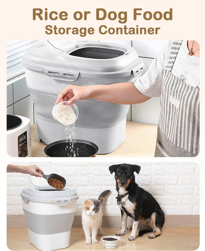 20-30 Lbs Rice Storage Container,Collapsible Food Storage Containers with Rolling Wheel Airtight Locking Lid,Flour Storage Container with Cup and Scoop,Suitable for Food,Rice,Pet Food,Flour