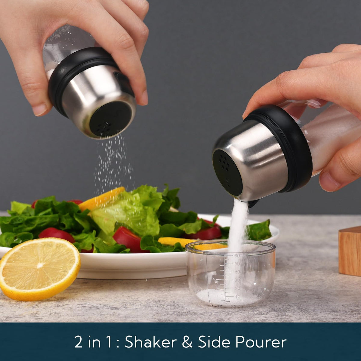 KTCHENDAO 2 in 1 Glass Salt and Pepper Shaker with Side Pour Spout, Built-in Lid for Moisture-proof, Elegant Borosilicate Glass Salt Pepper Dispenser set for Kitchen, BPA Free, 4oz (White)