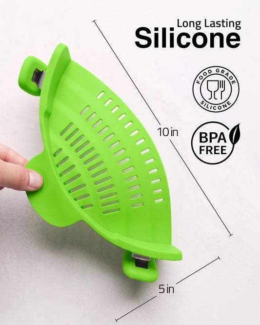 Kitchen Gizmo Snap N' Strain Clip On Strainer for Pots and Pans - Collapsible Silicone Pasta Strainer and Kitchen Gadget for Cooking - Easy to Use, Heat Resistant and Space Saving Colander - Green