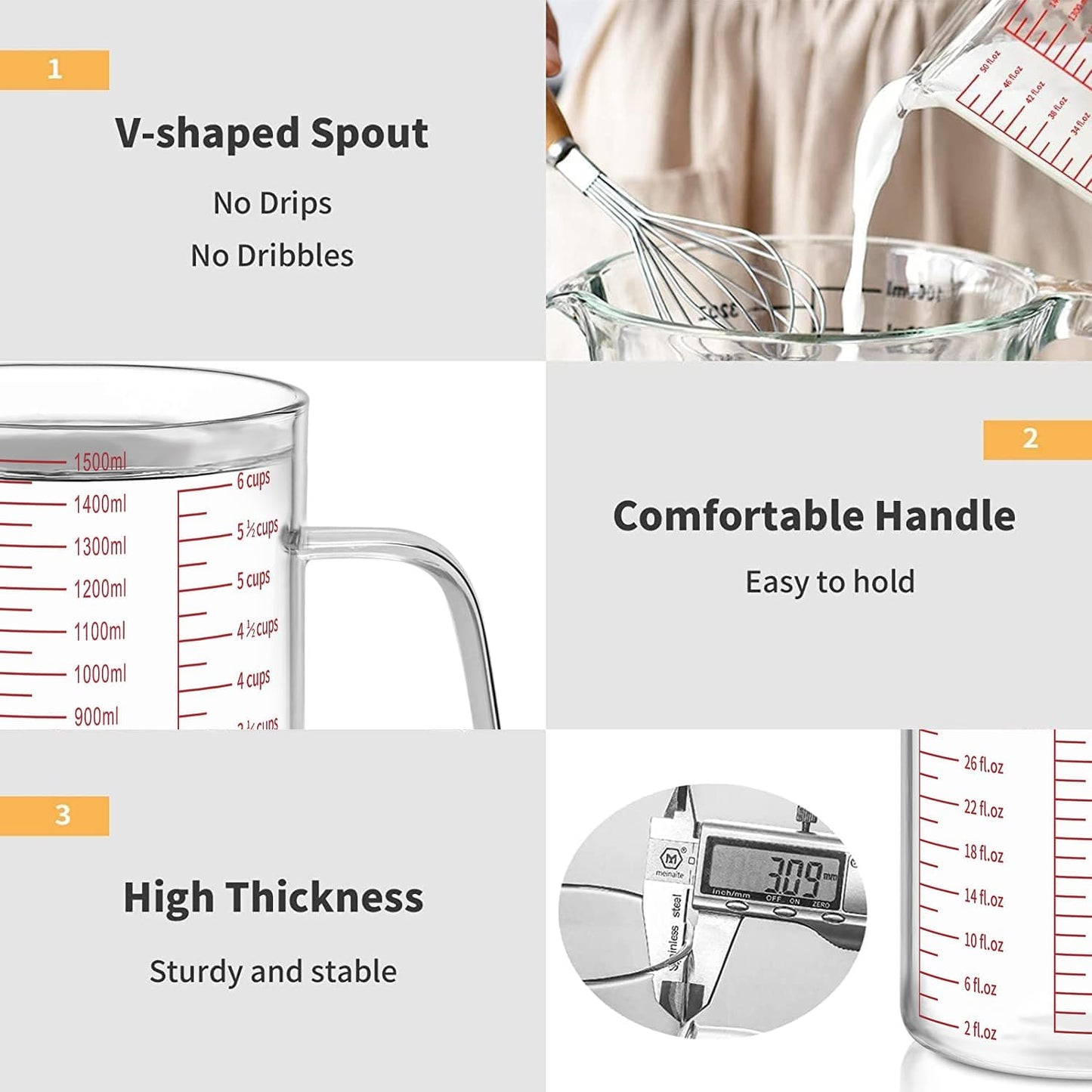 Luvan 34OZ/1000ML Glass Measuring Cup, 4 Cup Glass Measuring Cups With 3 Scales (Ml/Oz/Cup), High Borosilicate Measuring Cup With Handle and V-Shaped Spout, Dishwasher/Freezer/Microwave Safe