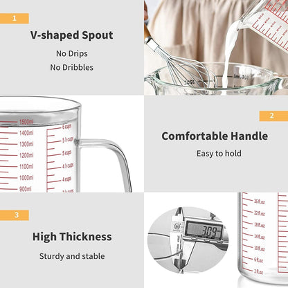 Luvan 34OZ/1000ML Glass Measuring Cup, 4 Cup Glass Measuring Cups With 3 Scales (Ml/Oz/Cup), High Borosilicate Measuring Cup With Handle and V-Shaped Spout, Dishwasher/Freezer/Microwave Safe