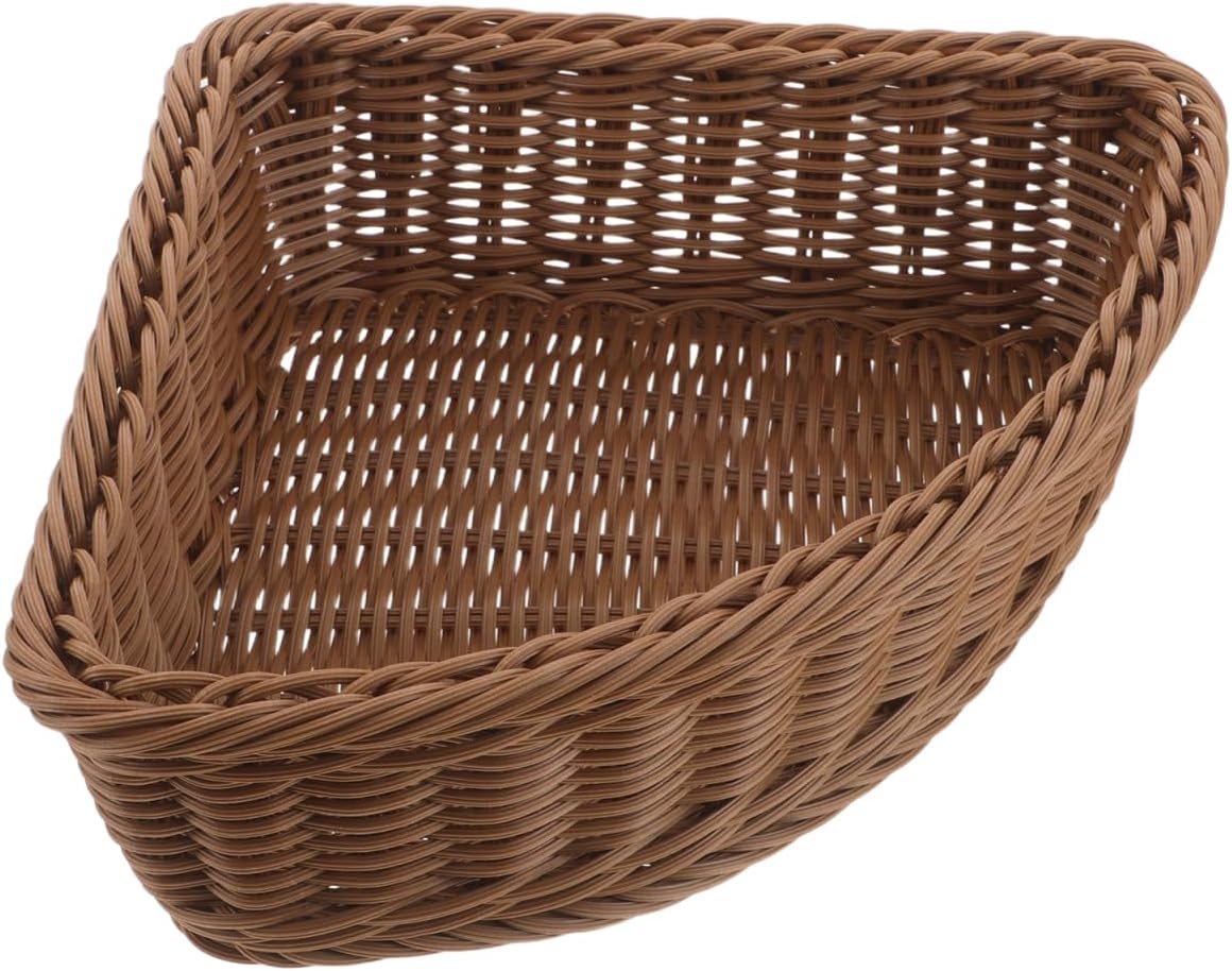 Hemobllo Corner Storage Basket, 90 Degree Triangle Countertop Organizer Bin for Kitchen Bathroom Pantry, Handwoven Plastic imitation Rattan with Metal Frame, Light Brown