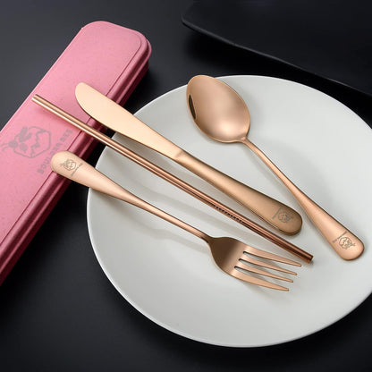 Boulder Bee | Travel Utensils Set | Reusable Camping Cutlery Set | Stainless Steel Flatware Set | Portable Silverware Set with Case | Includes Knife/Fork/Spoon/Straw/Cleaning Cloth/Case (Purple)