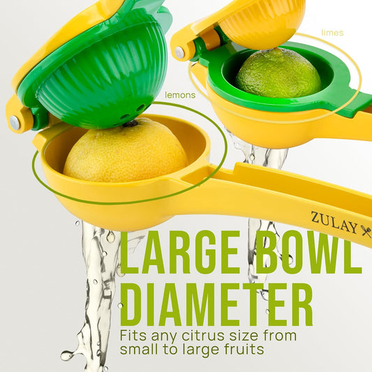 Zulay Metal 2-In-1 Lemon Squeezer Manual - Sturdy, Max Extraction Hand Juicer Lemon Squeezer Gets Every Last Drop - Easy to Clean & Use Citrus Juicer-Yellow/Green - Colors A