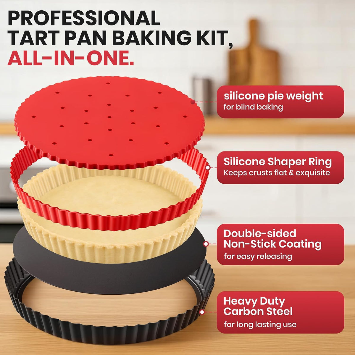 Tart Pan 9 Inch Removable Bottom Set,Non-stick Fluted Quiche Pan Pie Pan
