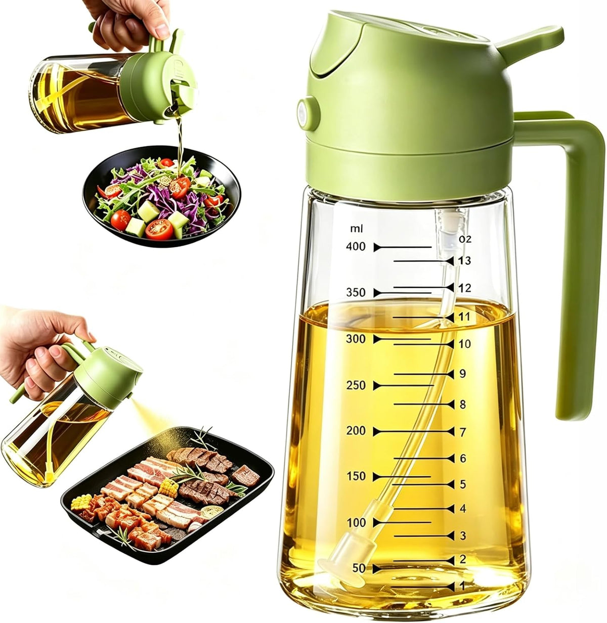 AT-VALY 2-in-1 Oil Sprayer for Cooking, 16oz Glass Oil Dispenser, Black